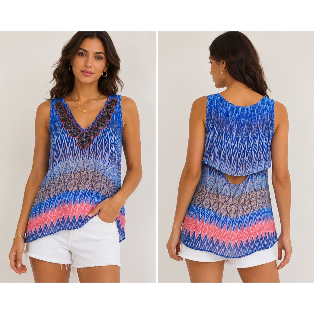 Studio Y Sleeveless Boho Tunic Top Large Blue Pink Embroidered Beaded Sheer